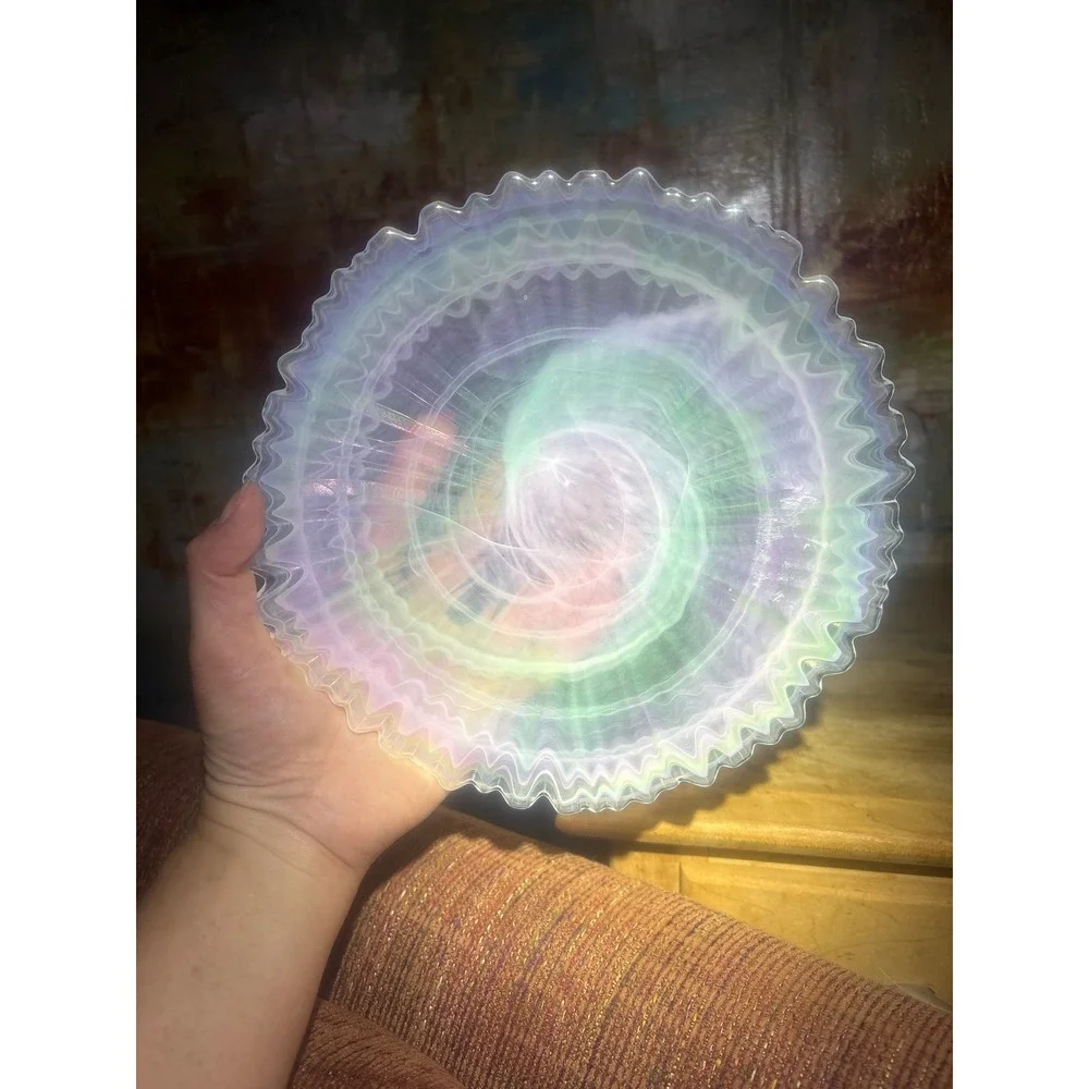 Iridescent Opalescent Art Glass Ruffled Pedestal Cake Stand Swirl 8.5
